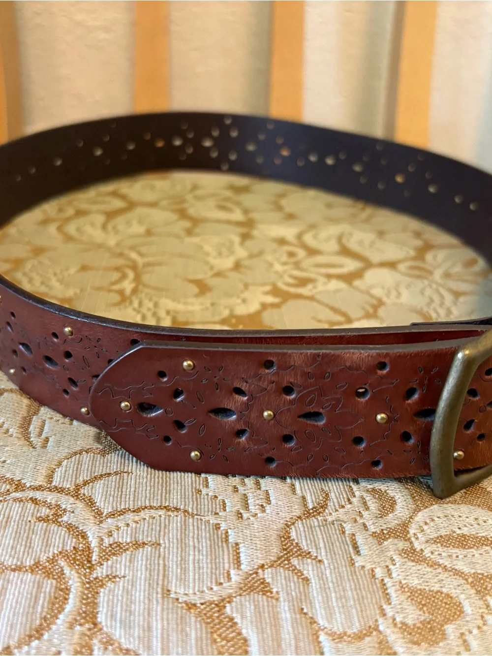 Women's Brown Leather Brass Studs Perforated Belt with Brass-Tone Buckle